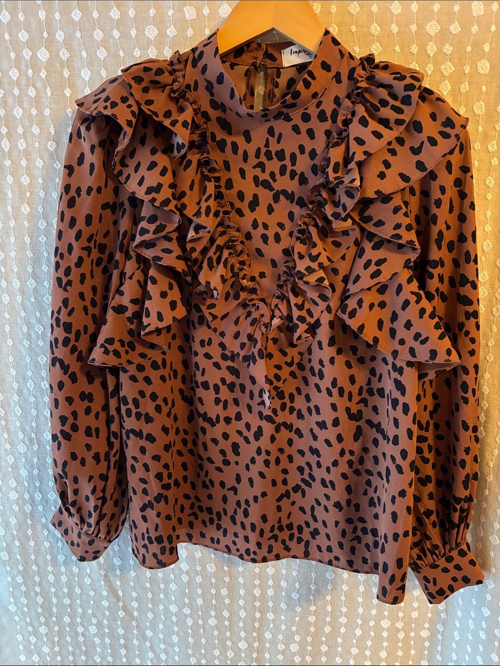 Impressions Brown and Black Ruffled Leopard-Print Blouse